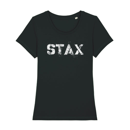 STAX White Stencil Logo Women's Iconic Fitted T-Shirt-Danny Tenaglia Store