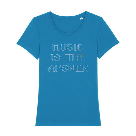Music Is The Answer Metallic Silver Text Women's Iconic Fitted T-Shirt
