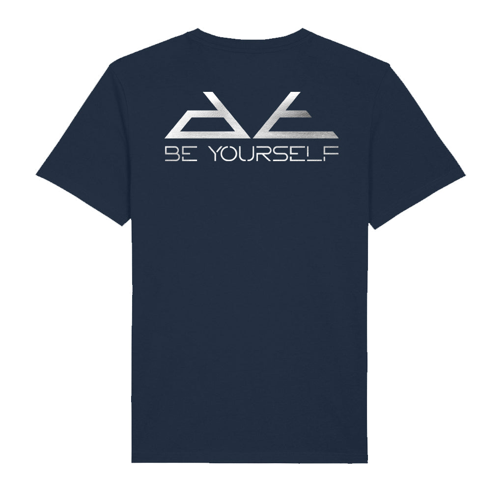 DT Metallic Silver Be Yourself Pyramid Logo Front And Back Print Men\'s  Organic T-Shirt | Danny Tenaglia Store